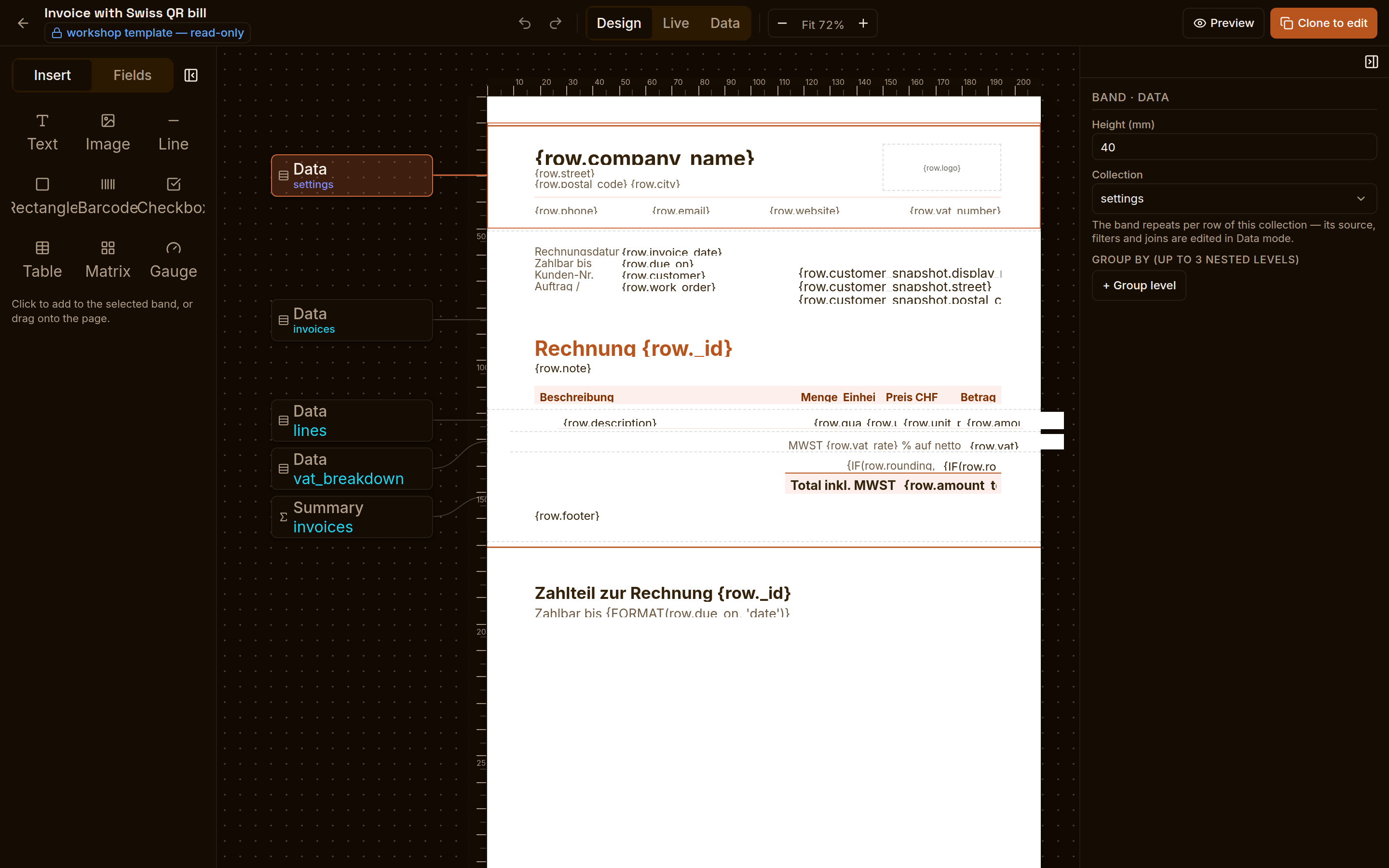 The report designer with an invoice template