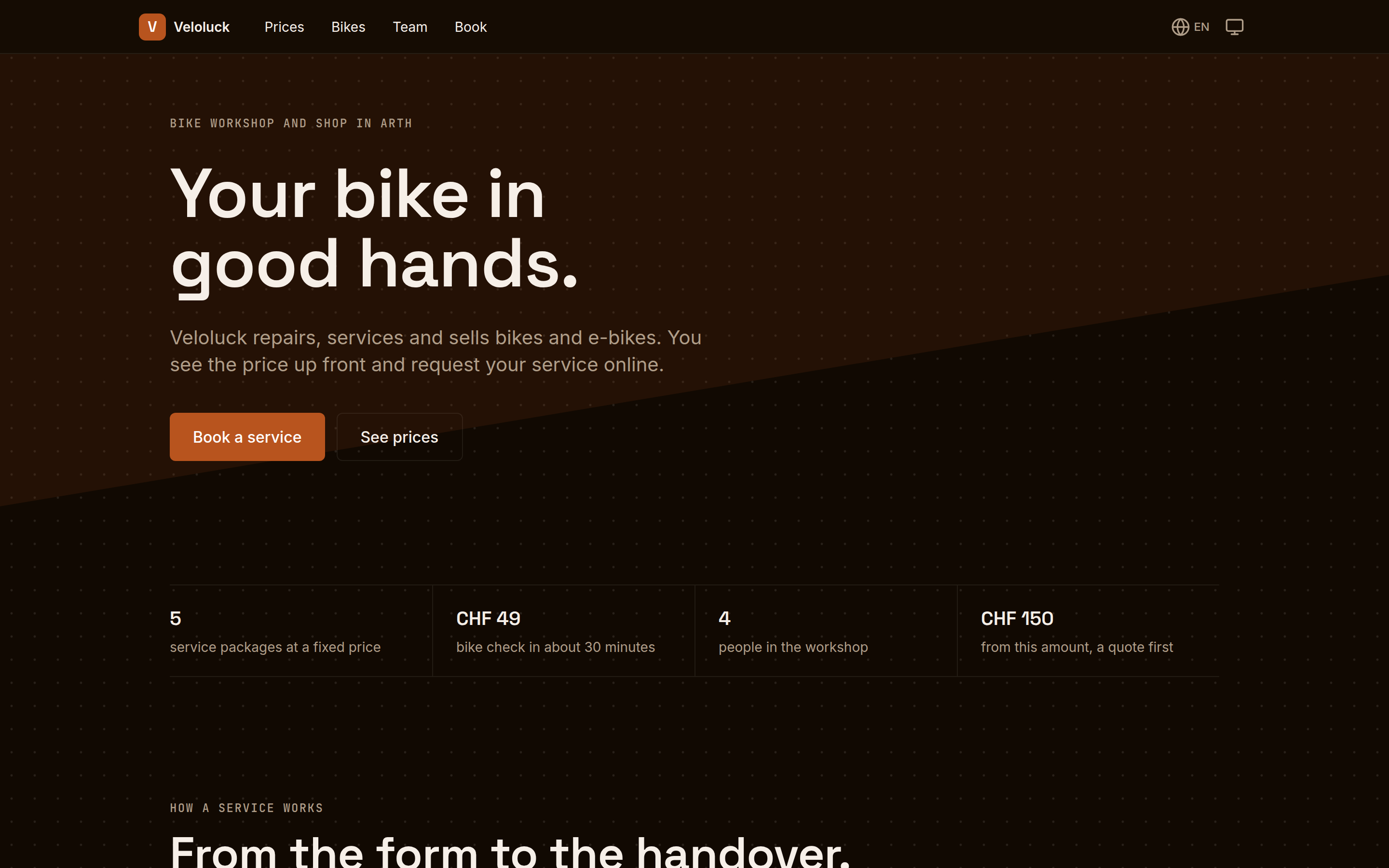 The home page of a bike workshop's website