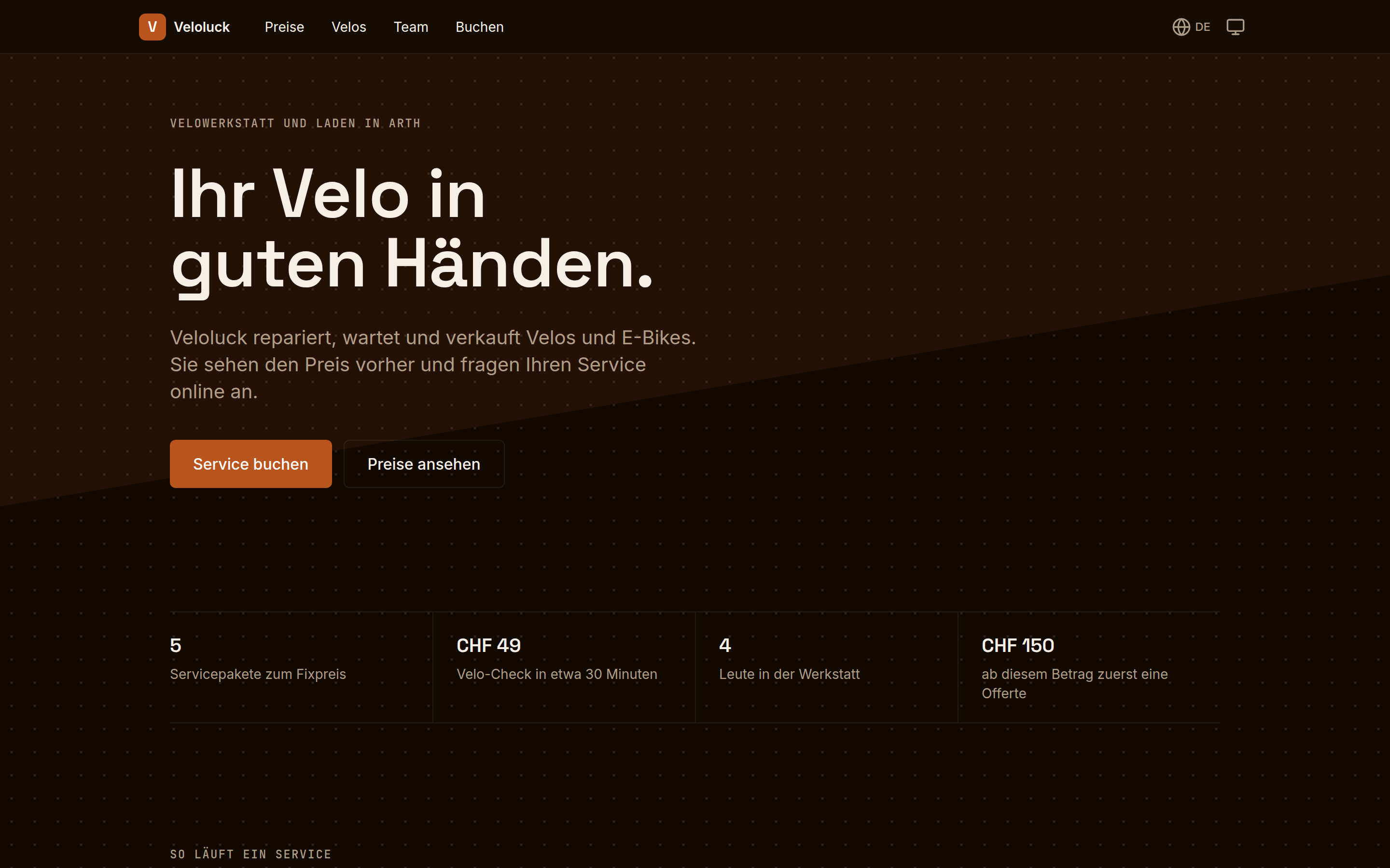 Die Startseite der Website einer Velowerkstatt