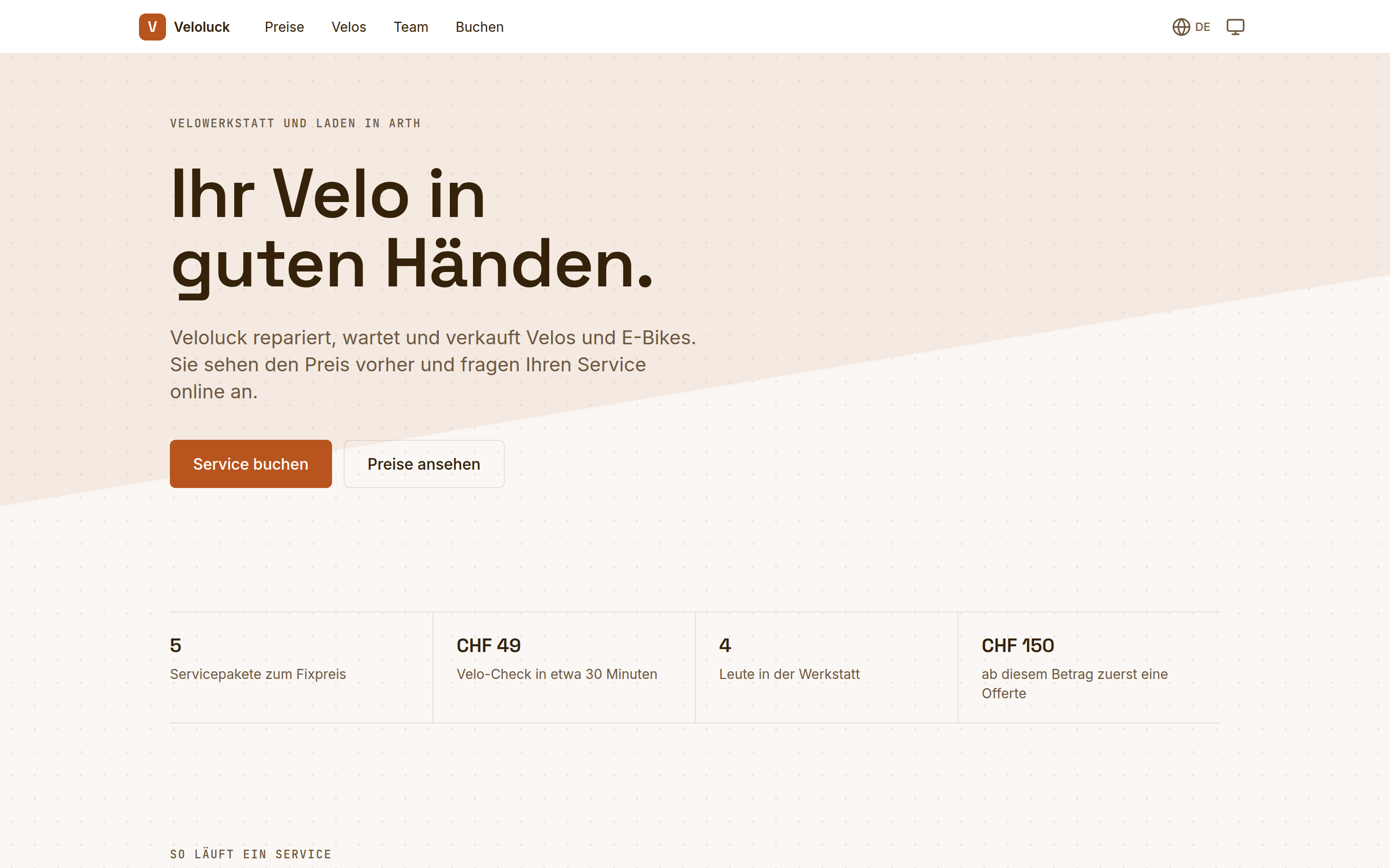 Die Startseite der Website einer Velowerkstatt