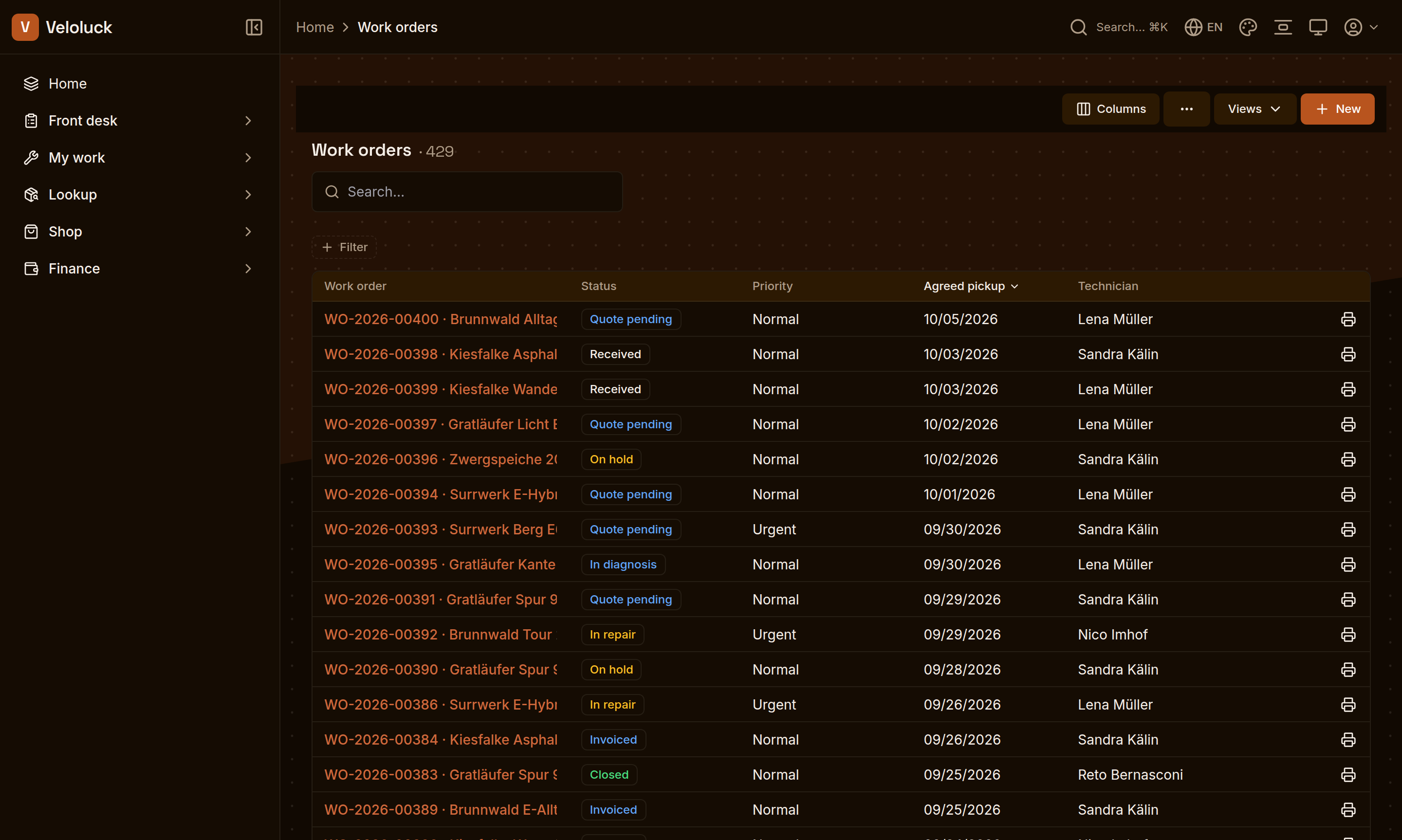 The work-order list of a workshop app