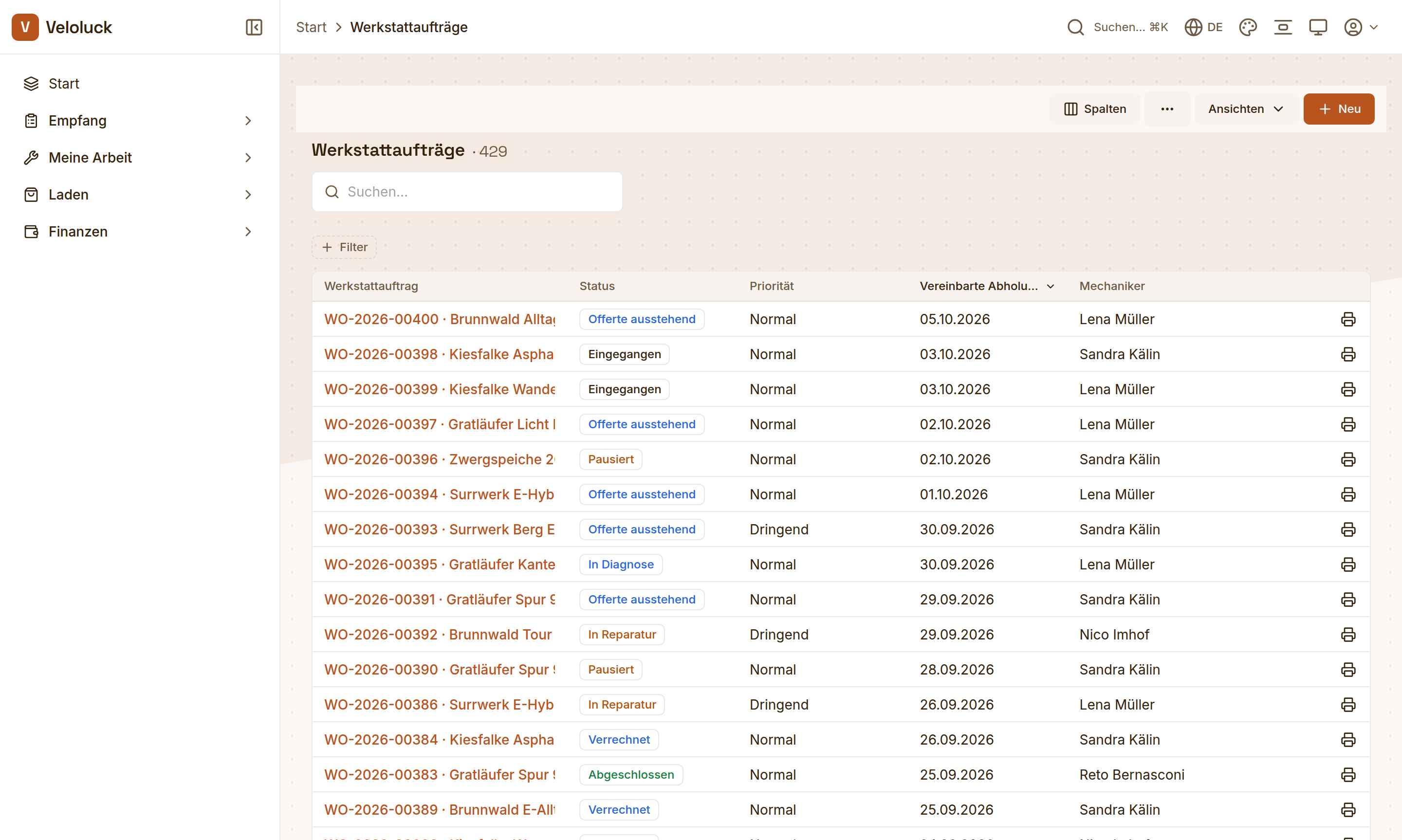 Die Auftragsliste einer Werkstatt-App