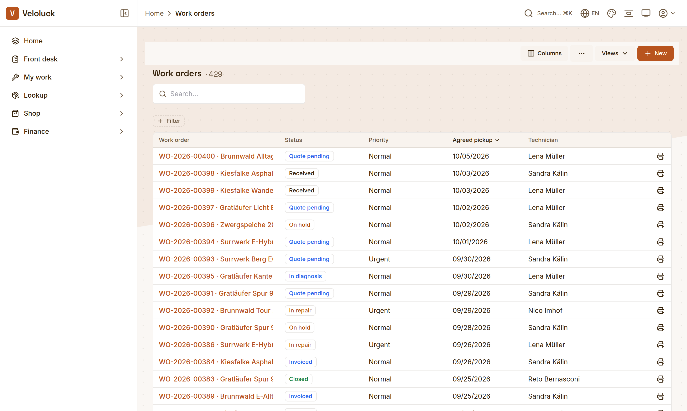 The work-order list of a workshop app