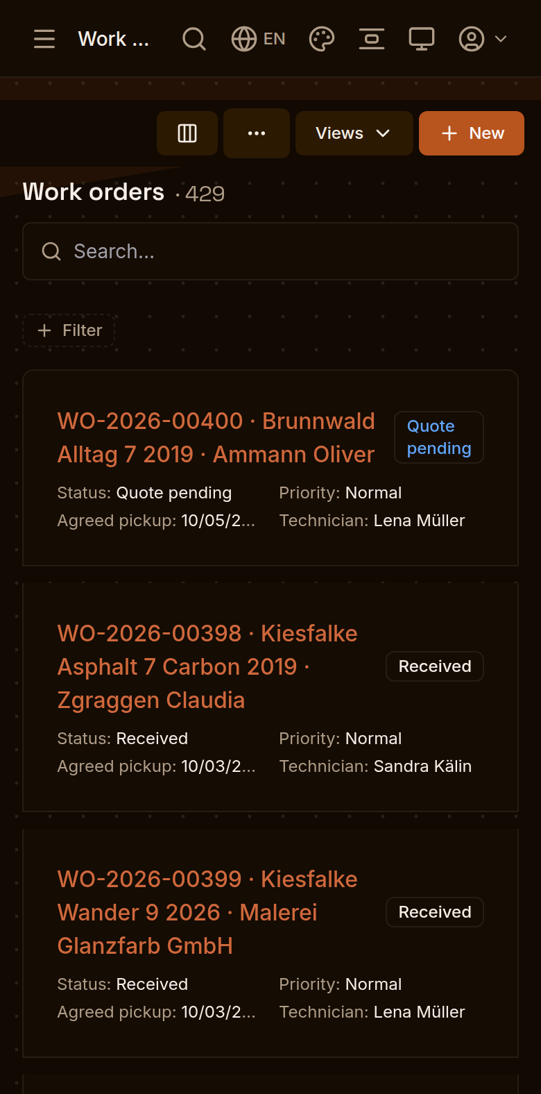 The work-order list on a phone