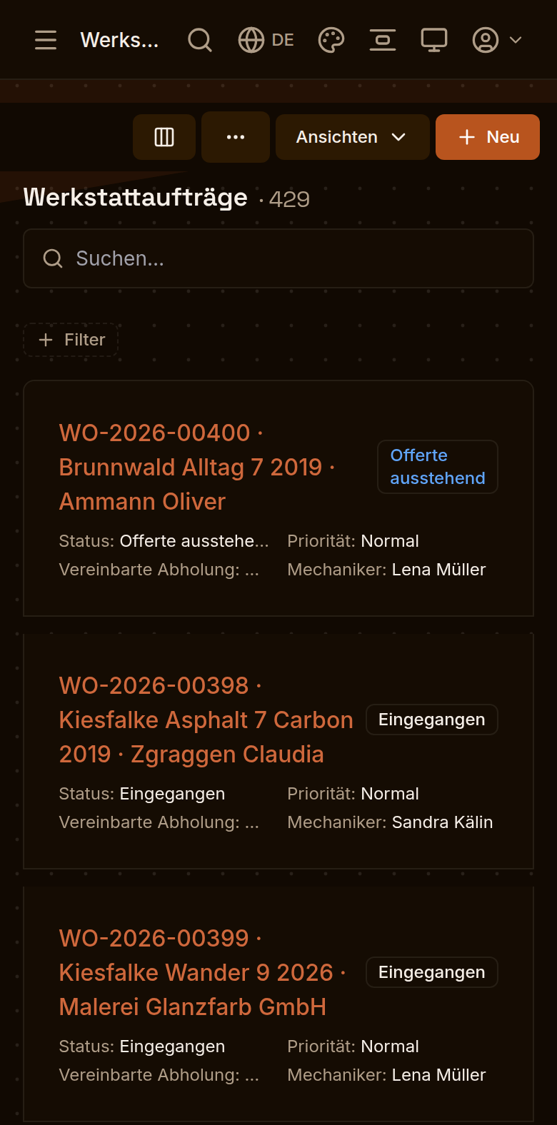 Die Auftragsliste auf dem Handy
