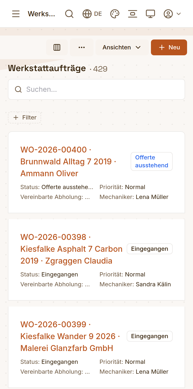 Die Auftragsliste auf dem Handy