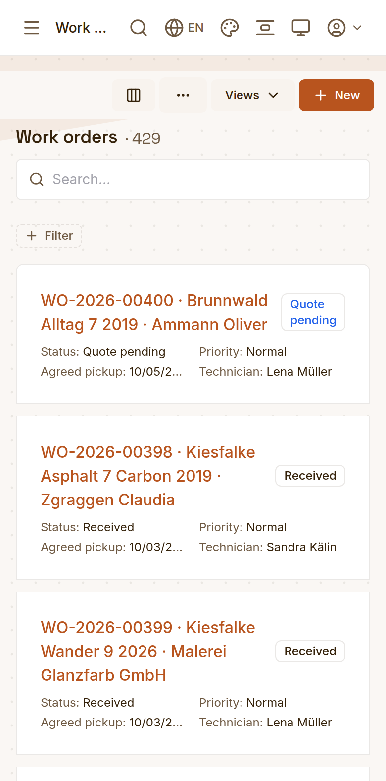 The work-order list on a phone